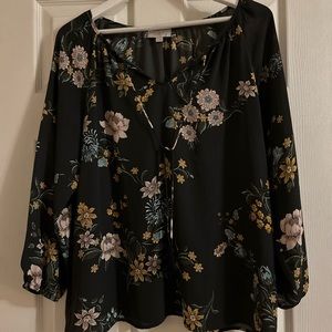 Loft. M. Charcoal gray floral. Long sleeve. Tassel tie front.